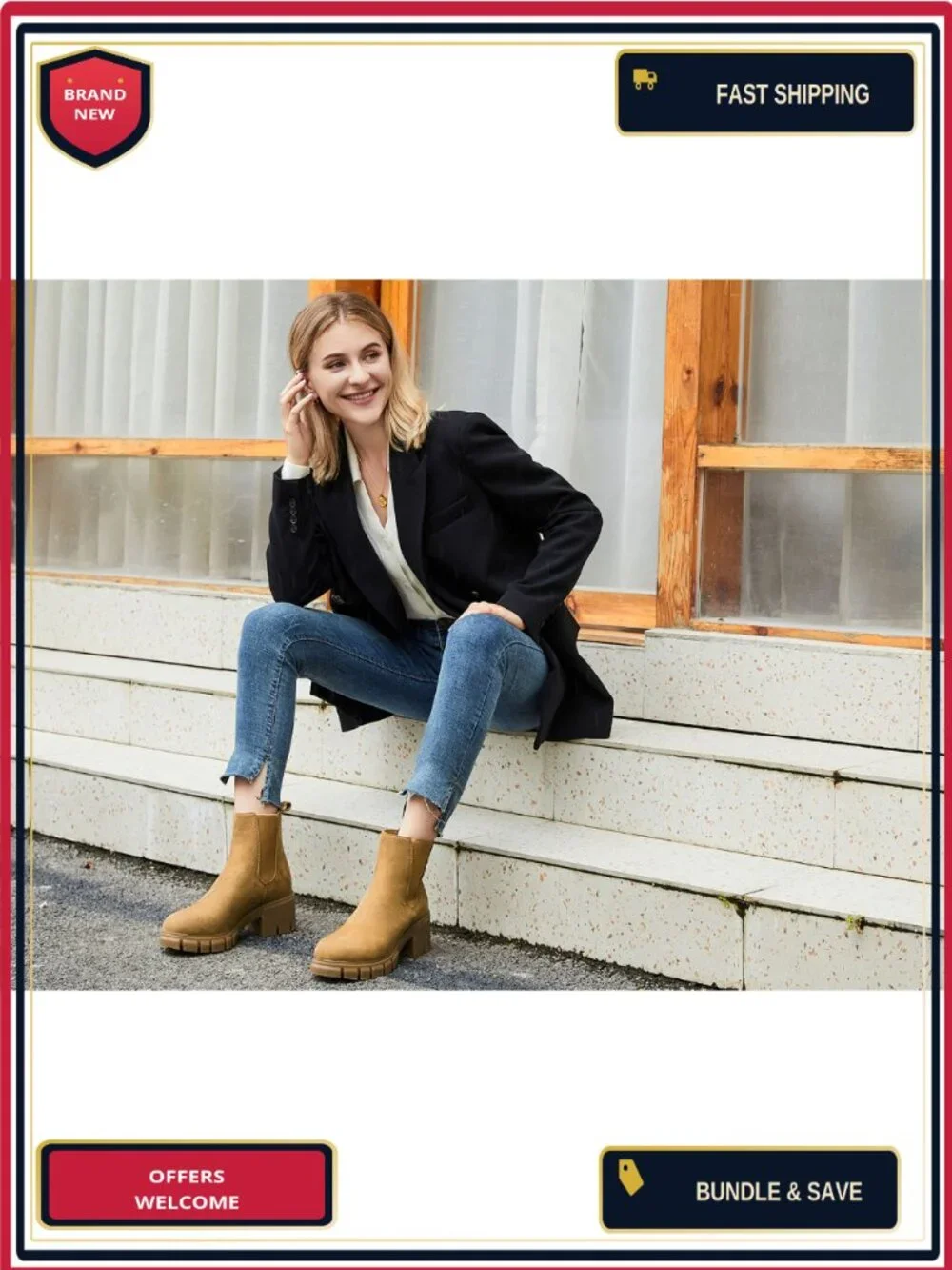 Women Platform Chelsea Ankle Boots Chunky Heel Faux Leather Round Toe